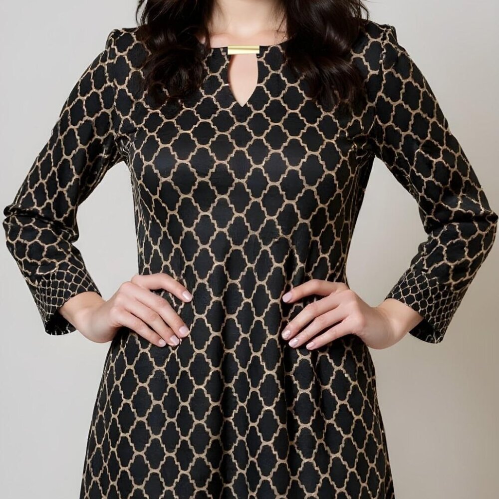 Ronni Nicole Brown and Gold Patterned Dress